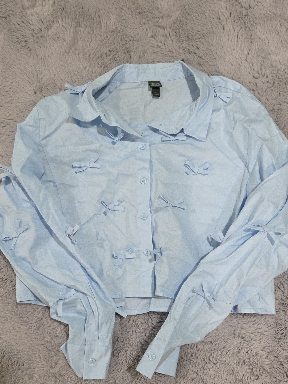Target Wild Fable Light Blue Bow-Accent Cropped Button-Up Shirt